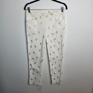 Chico's Pineapple Print Pants Womens 0 (4) White Gold Ankle Pull On